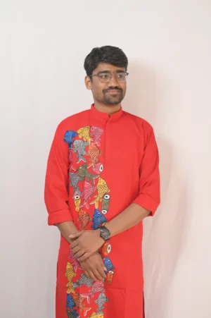 vibrant red hand painted potochitra (scroll painting) fish motif kurta/punjabi