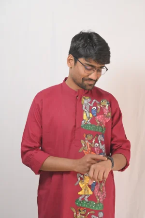 maroon hand painted potochitra(scroll art) folk dance motif kurta/punjabi