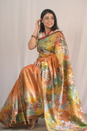 pure handloom bishnupuri silk saree with hand paint and kantha stitch work