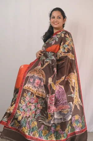 exquisite hand batik art on pure bishnupuri silk saree