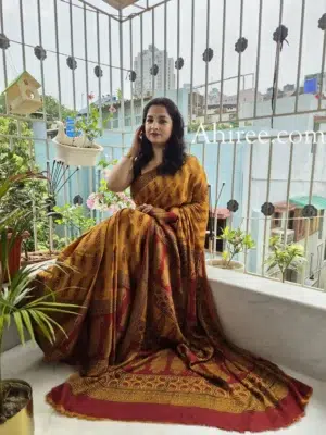 mustard maroon bagh print modal silk saree | handcrafted by ahiree