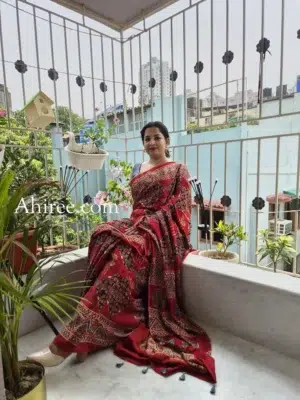 breath taking red ajrakh handblock print modal silk saree | handcrafted by ahiree