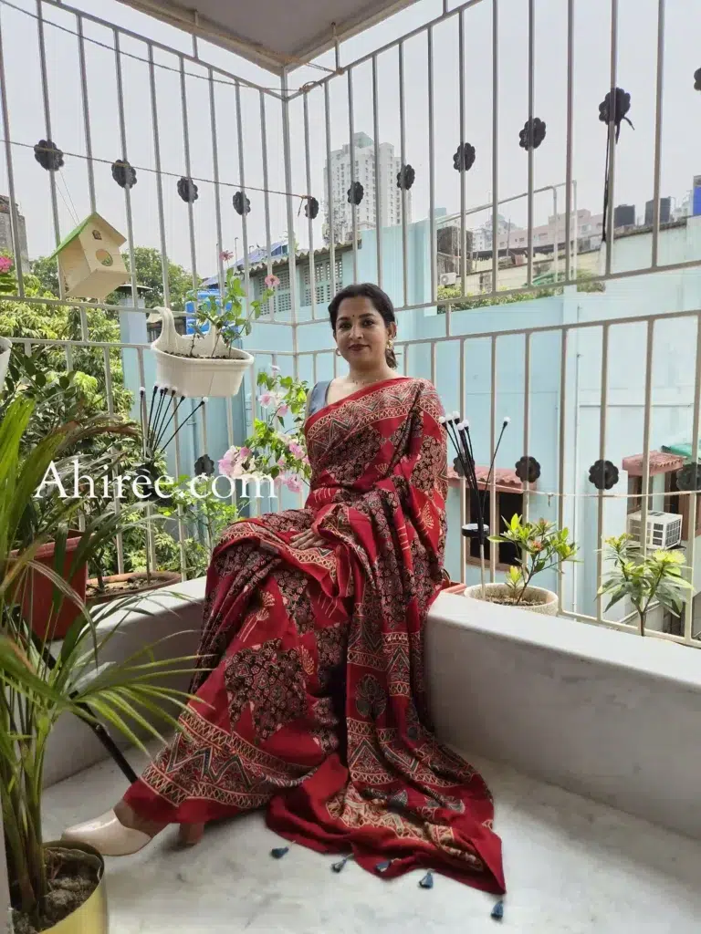 breath taking red ajrakh handblock print modal silk saree | handcrafted by ahiree