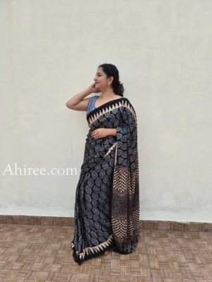 stunning indigo & black ajrakh modal silk saree | handcrafted by ahiree