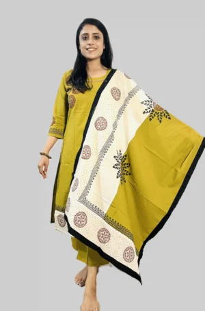 mustard yellow cotton salwar suit for women | handcrafted print & kantha work