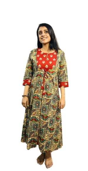 hand block print cotton kalamkari dress for women | red & beige
