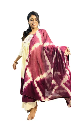 handcrafted cream & wine ombre cotton anarkali suit set with shibori dupatta – 3 piece festive ethnic wear