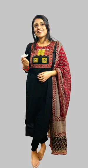 handcrafted black cotton salwar suit set with embroidered patchwork & ajrakh print dupatta – 3 piece ethnic suit