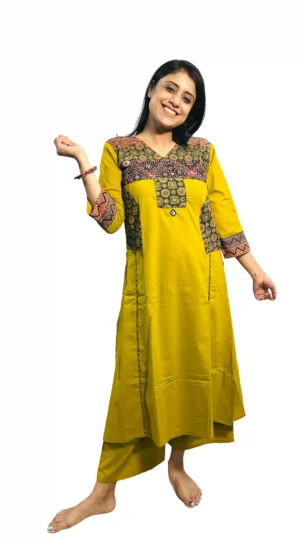 handcrafted mustard yellow ajrakh patchwork cotton co ord set