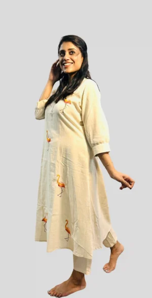 khadi cotton a line co ord set with hand embroidered flamingo motifs