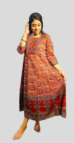 rust red hand block print cotton maxi dress