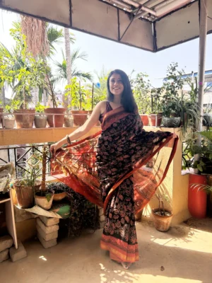regal hand block printed maheshwari silk cotton saree | luxurious black & rust orange ethnic masterpiece