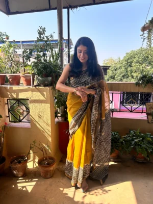 exquisite hand block printed maheshwari silk cotton saree | mustard yellow & black jaal print ethnic masterpiece