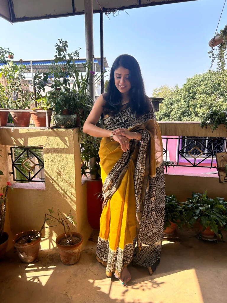 exquisite hand block printed maheshwari silk cotton saree | mustard yellow & black jaal print ethnic masterpiece