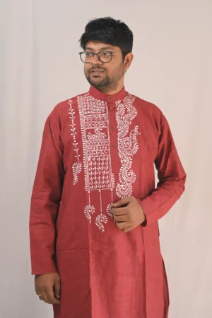 red khadi cotton punjabi with hand painted alpona art