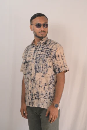 men’s pure cotton hand batik print shirt beige & indigo blue