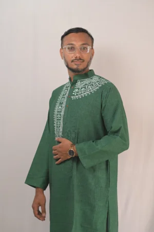 forest green khadi cotton punjabi/kurta with hand painted alpona art