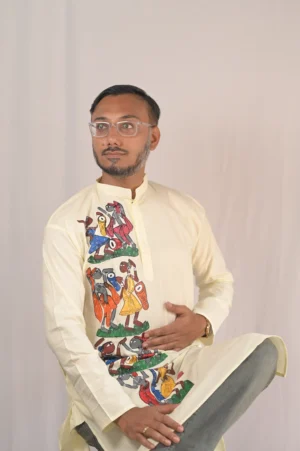 hand painted potochitra pure cotton kurta for men off white/cream traditional panjabi