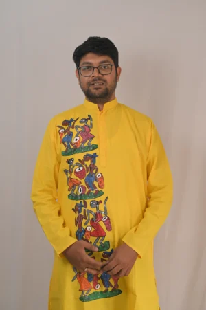 vibrant yellow hand painted potochitra kurta for men pure cotton folk art panjabi