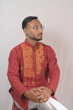 hand painted maroon khadi cotton kurta for men | traditional alpona art punjabi with mandarin collar