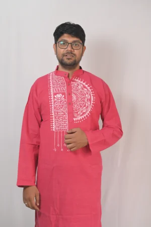 hand painted pink khadi cotton kurta for men | white alpona mandala art punjabi with mandarin collar