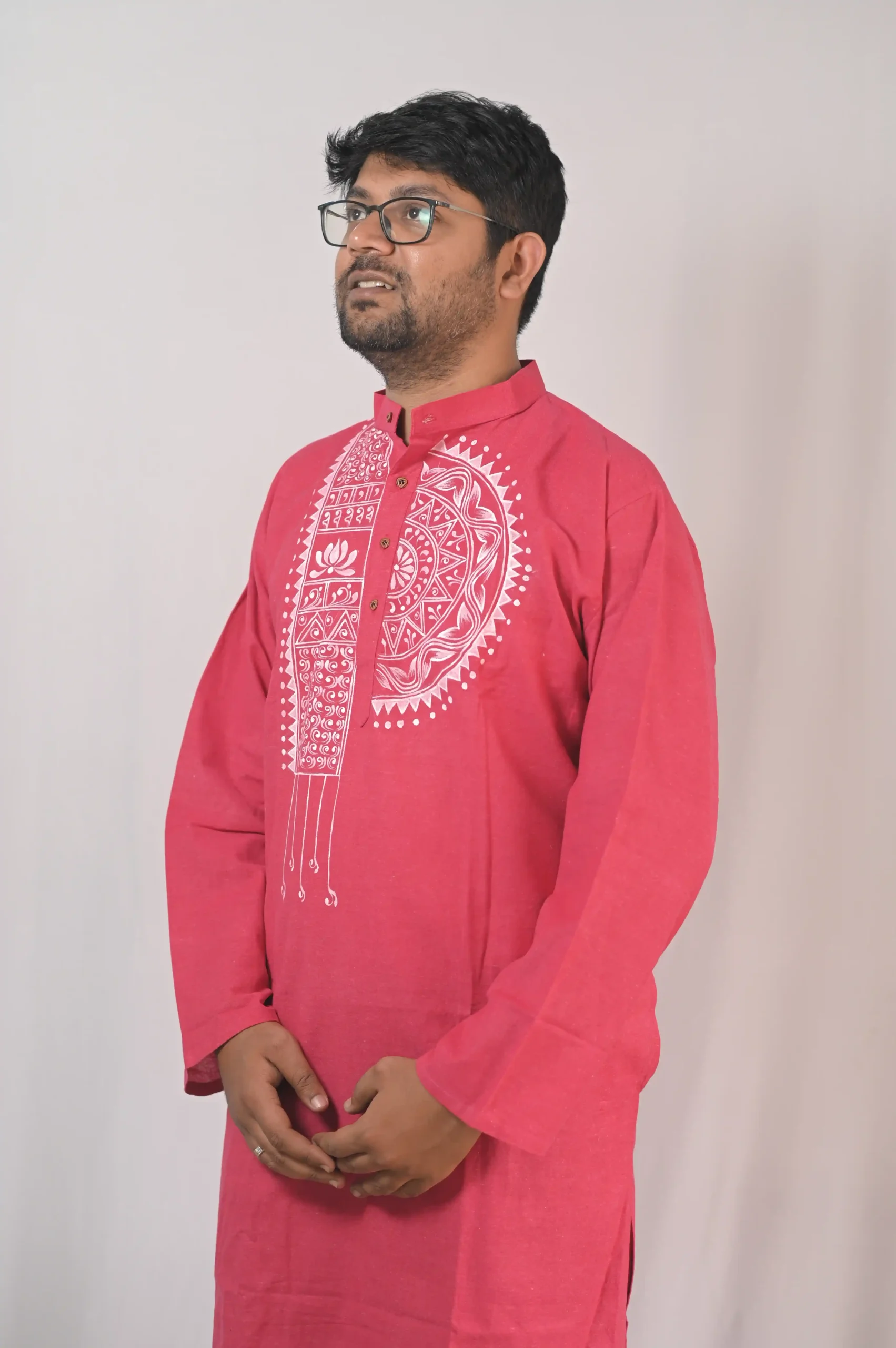 hand painted pink khadi cotton kurta for men | white alpona mandala art punjabi with mandarin collar hand painted pink khadi cotton kurta for men | white alpona mandala art punjabi with mandarin collar