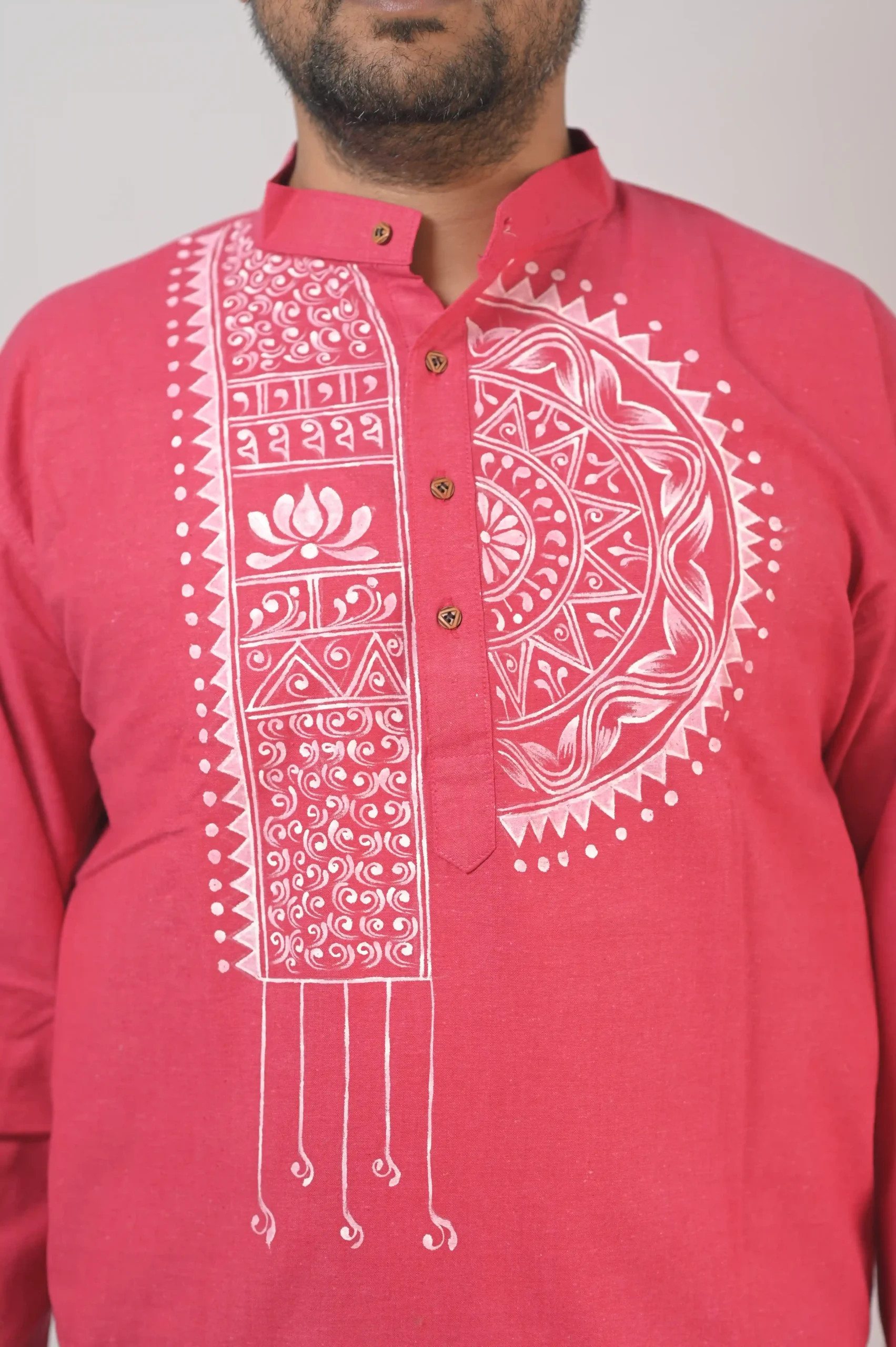 hand painted pink khadi cotton kurta for men | white alpona mandala art punjabi with mandarin collar hand painted pink khadi cotton kurta for men | white alpona mandala art punjabi with mandarin collar