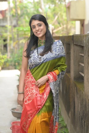 Home handcrafted multicolor bishnupuri pure silk saree | table dye floral print silk saree with elegant pallu