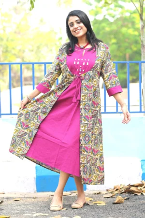 magenta & kalamkari print cotton jacket style fusion dress
