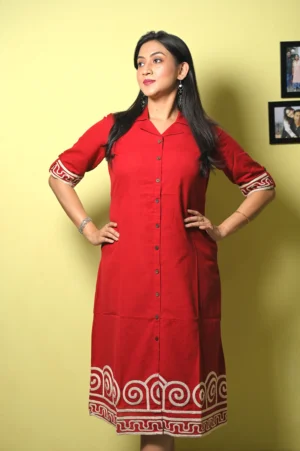 women's red cotton shirt dress embroidered scallop border knee length