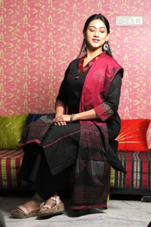 women's black cotton kurta set embroidered neck & back ajrakh print dupatta