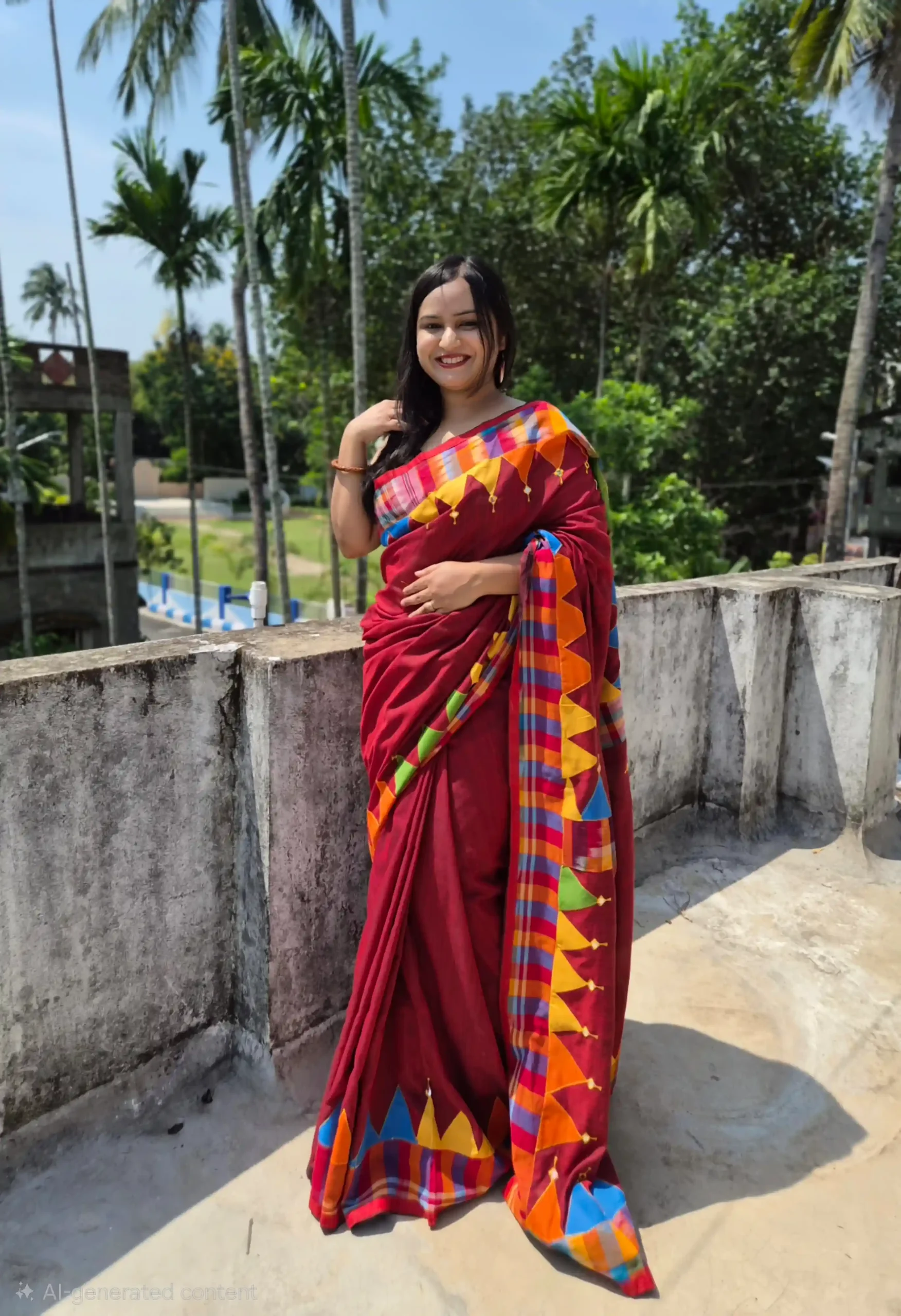 handcrafted cotton saree with vibrant patchwork and mirror work border maroon | ahiree