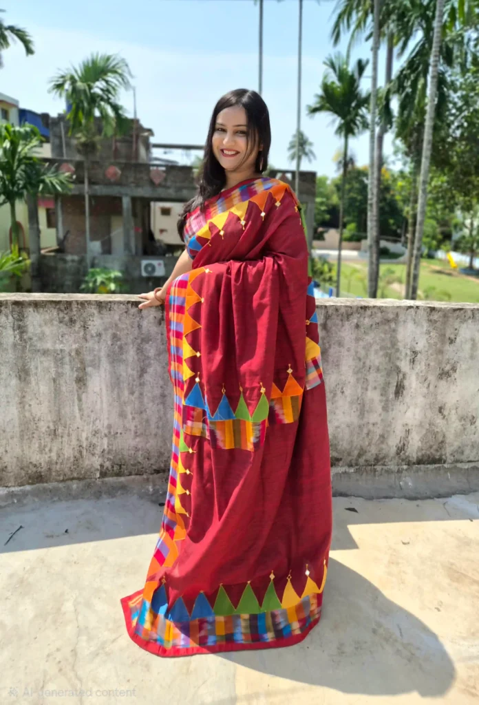 handcrafted cotton saree with vibrant patchwork and mirror work border maroon | ahiree