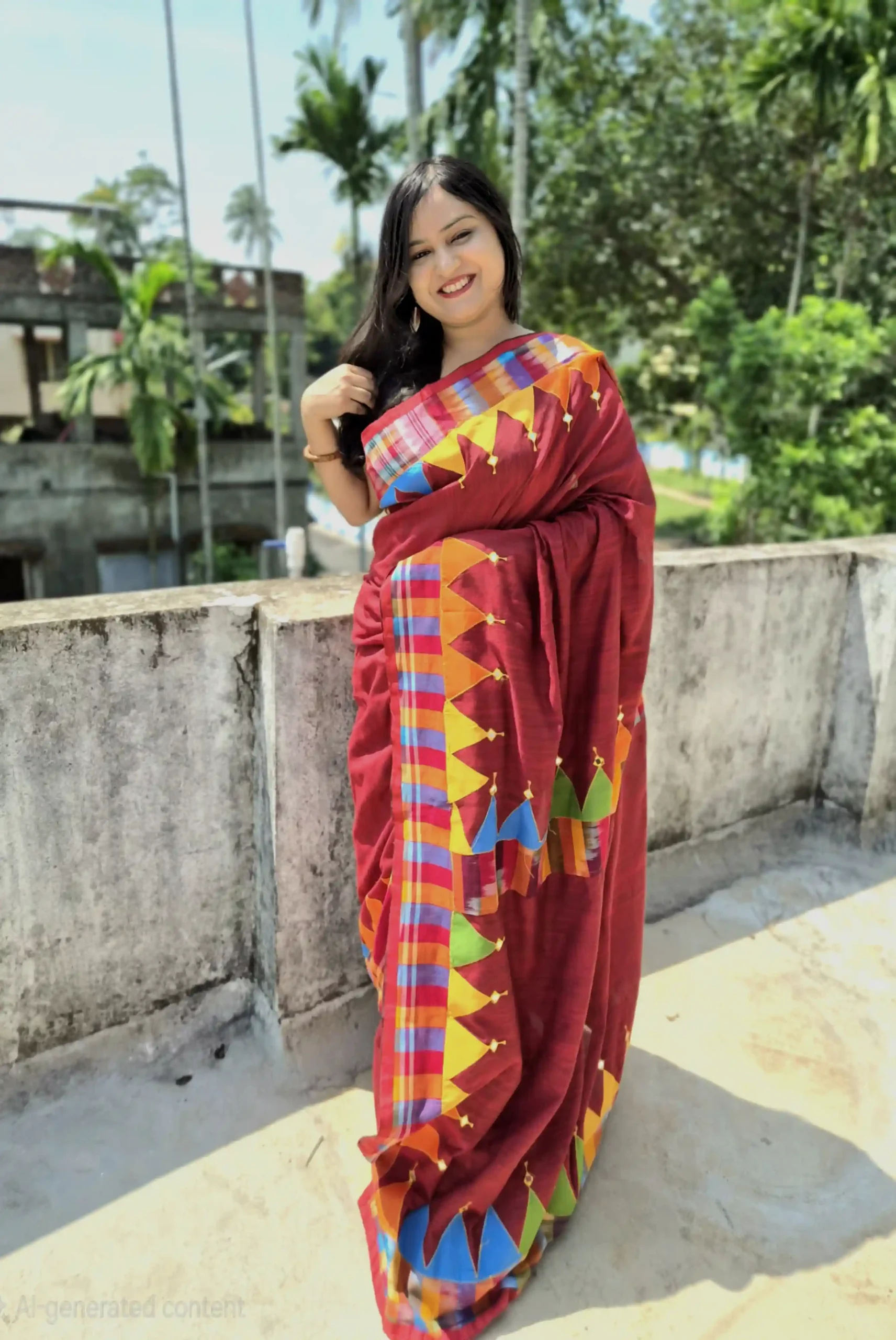 handcrafted cotton saree with vibrant patchwork and mirror work border maroon | ahiree