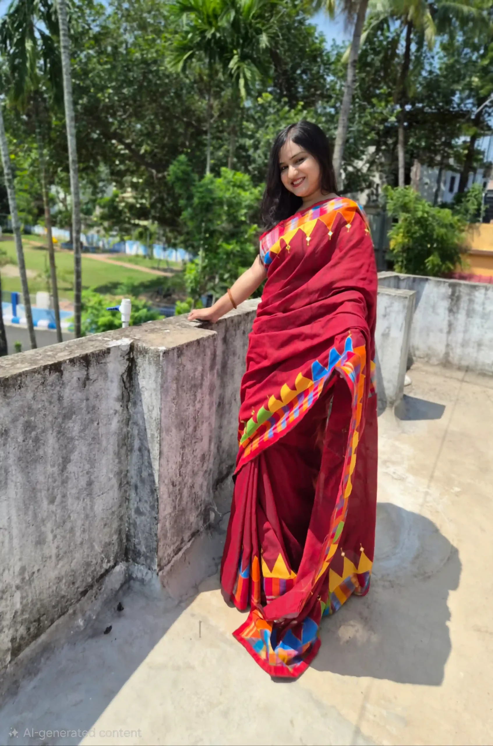 handcrafted cotton saree with vibrant patchwork and mirror work border maroon | ahiree