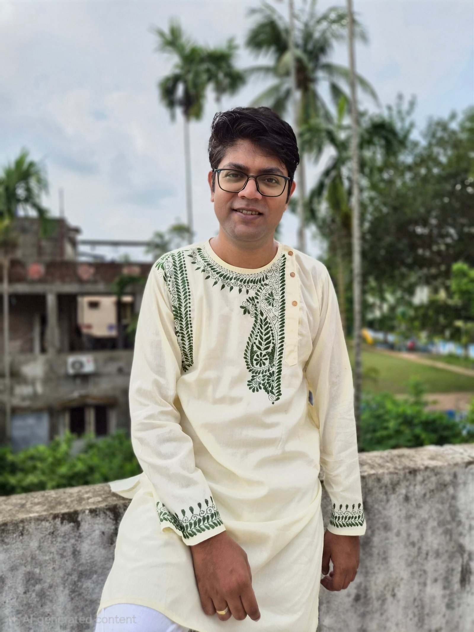 Off-White Kantha Stitch Men's Cotton Kurta Punjabi
