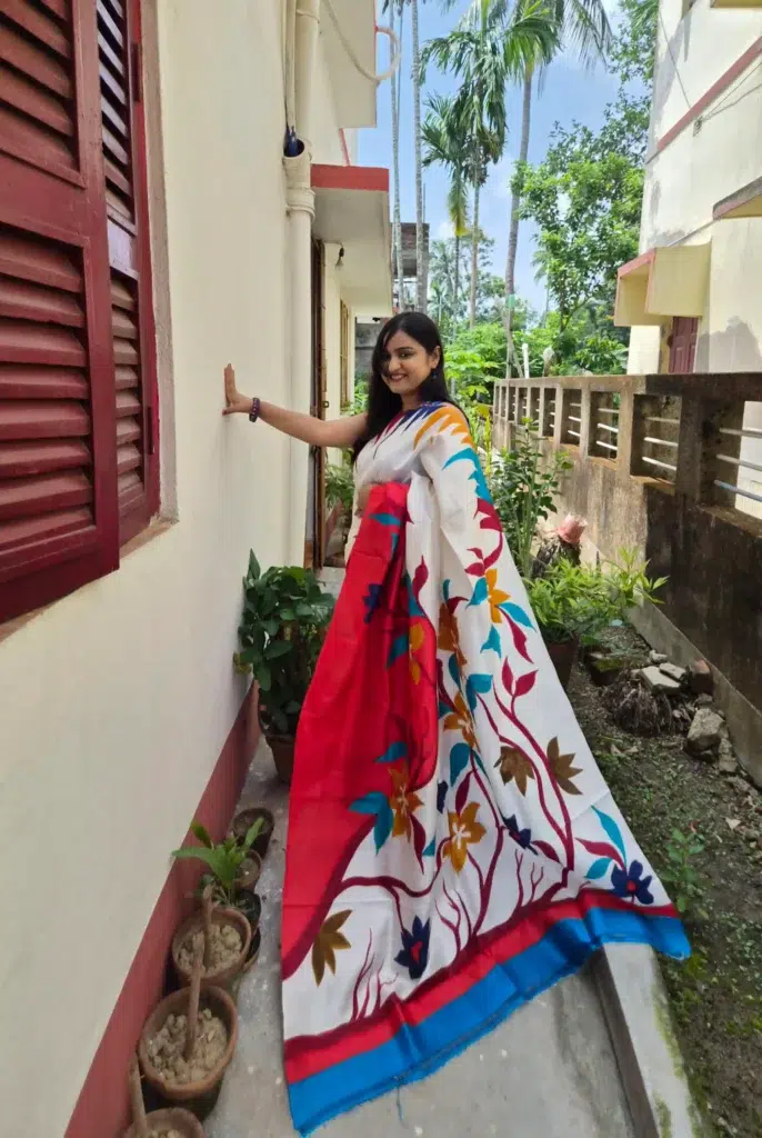 Hand-Painted Pure Bishnupuri Silk Saree in Off-White with Vibrant Floral Art